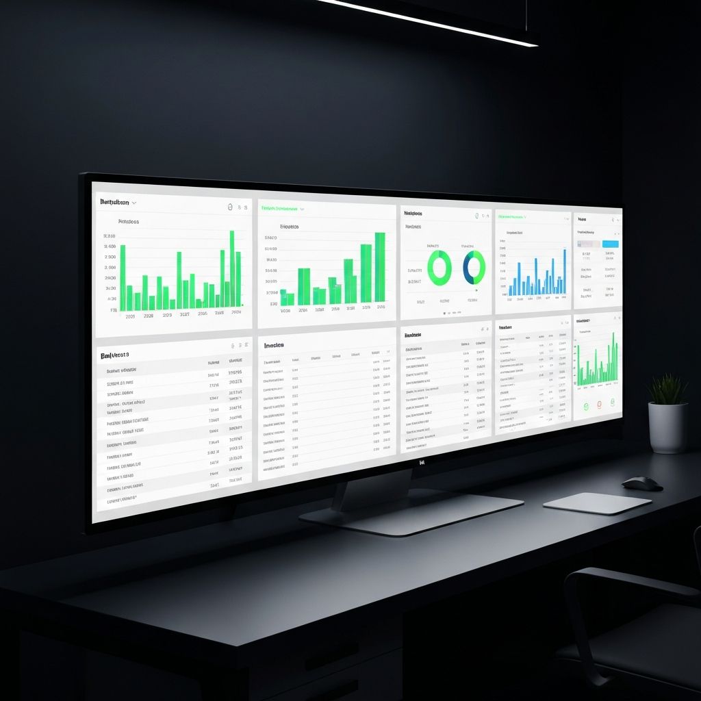 Multiple accounting software dashboards showing financial reports and charts