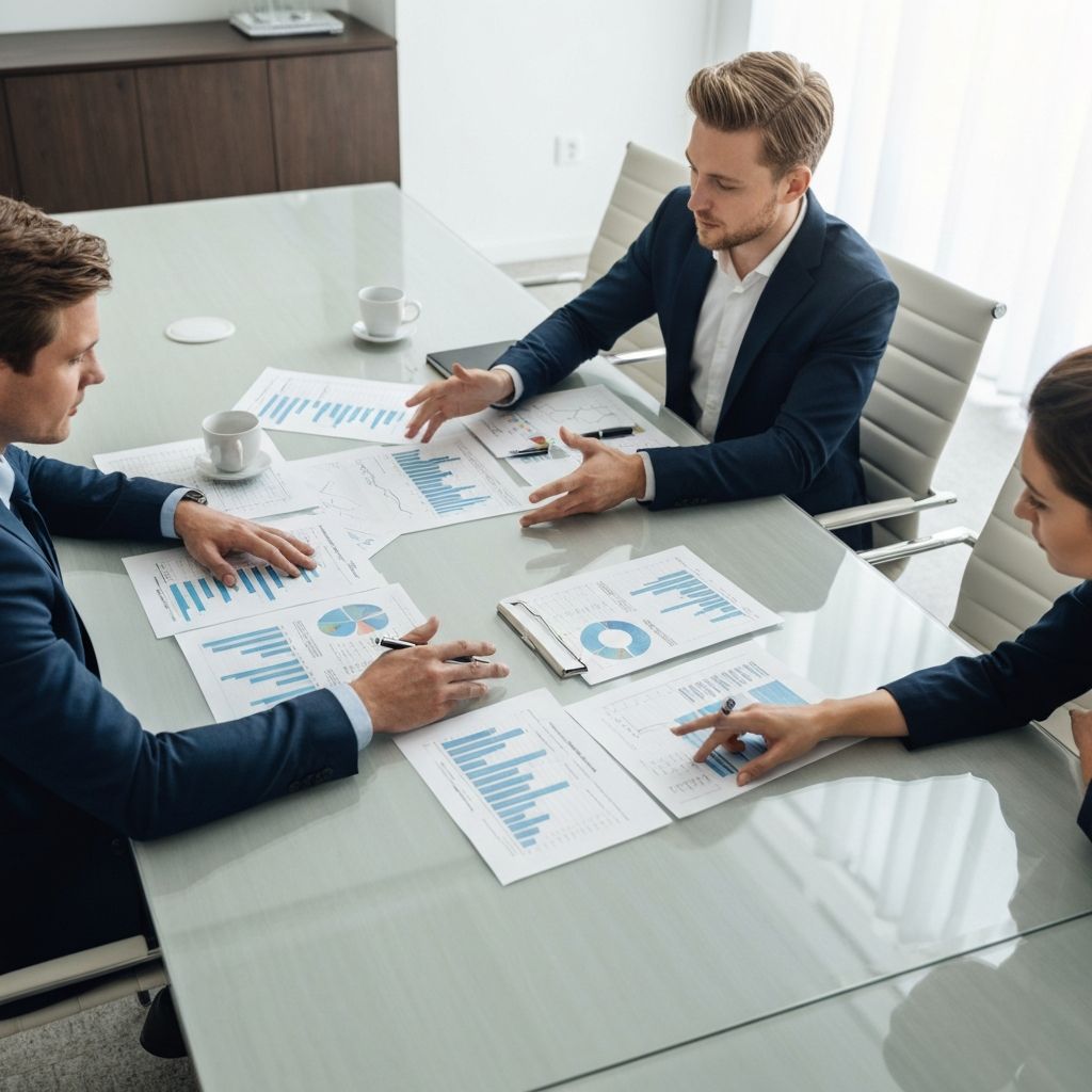 Financial review meeting with printed statements and charts on conference table